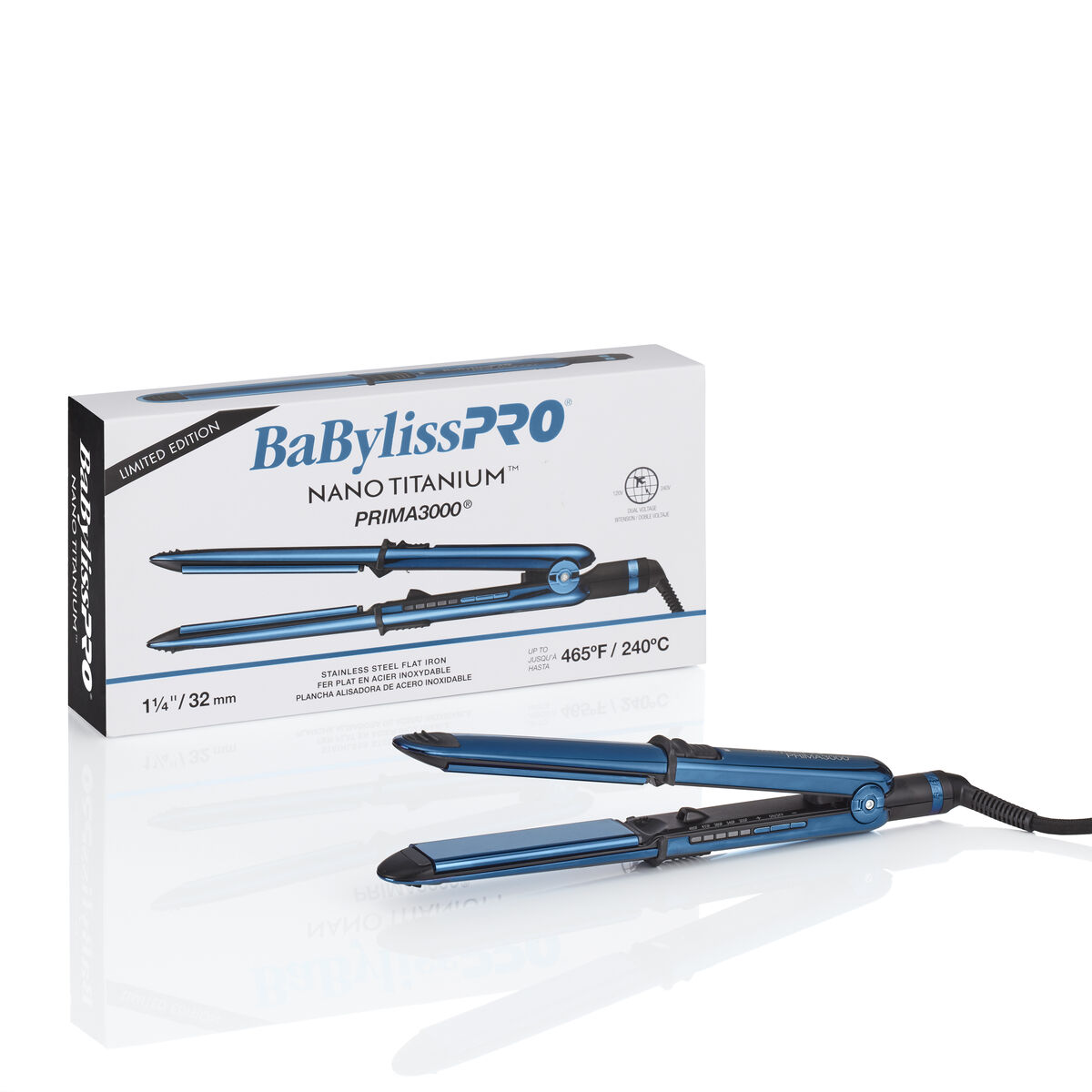Plancha de 1-1/4 in BaBylissPRO® Nano Titanium™ Prima3000®, en negro y azul (edición limitada)