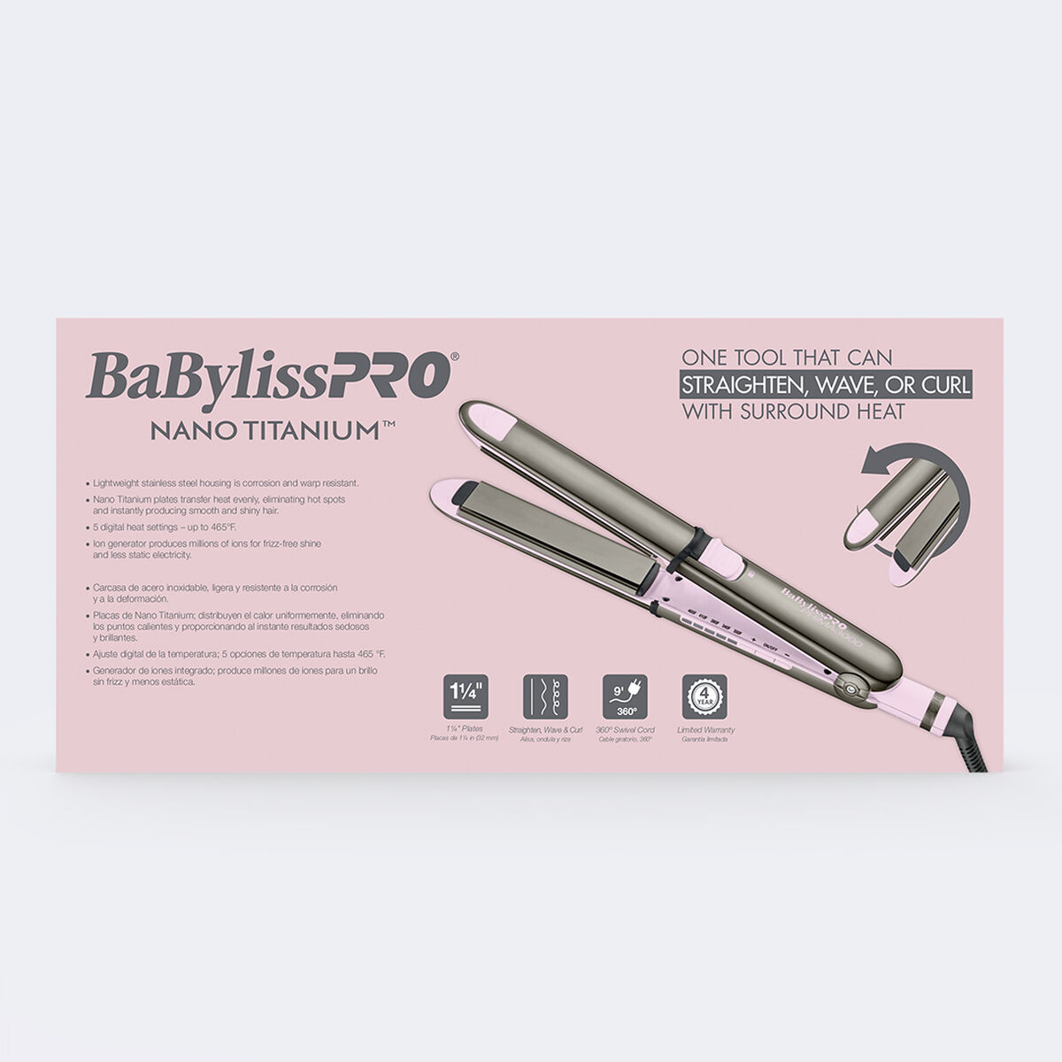 Plancha alisadora de acero inoxidable de ​​​​​​​1.25 in Prima3000 de BaBylissPRO® Nano Titanium™, edición limitada (rosa)