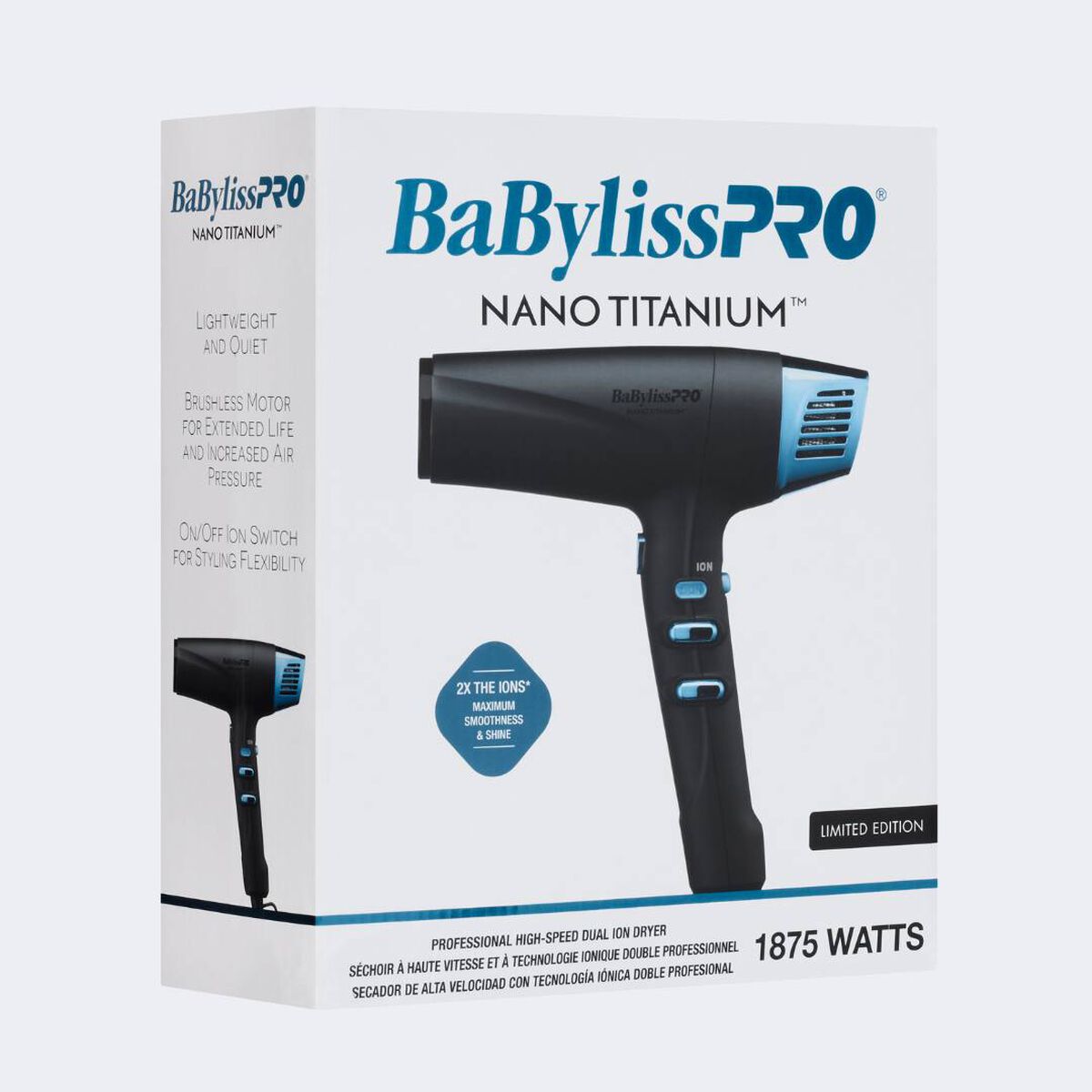 Secador profesional de alta velocidad con tecnología iónica doble BaBylissPRO® Nano Titanium™, negro y azul (edición limitada)