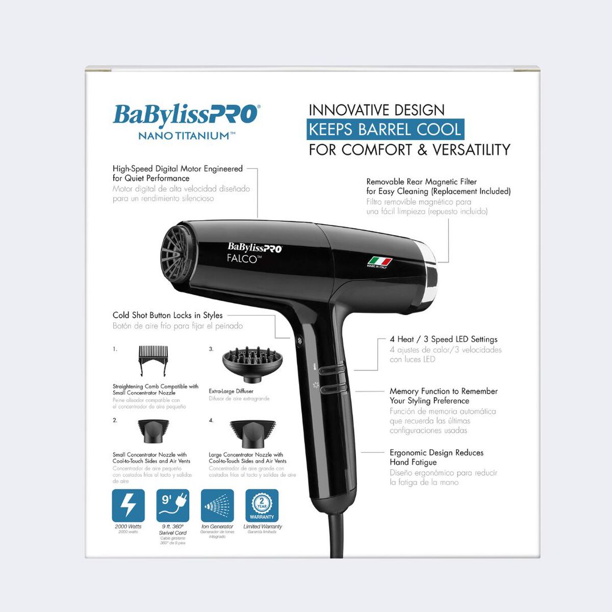BaBylissPRO&reg; Nano Titanium&trade; Professional Italian High-Speed Falco Dryer (Black)