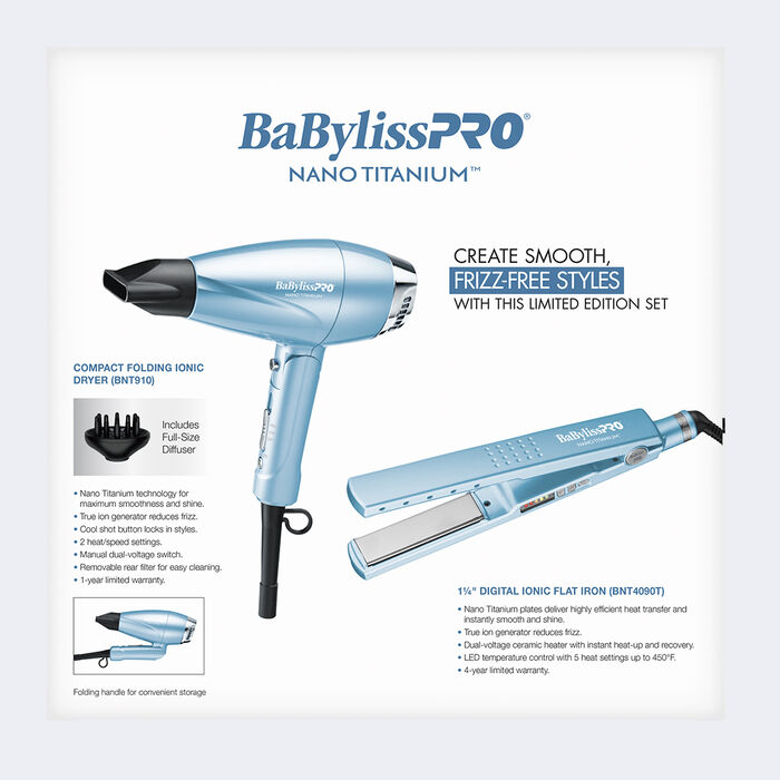 Juego de secador iónico plegable compacto y plancha alisadora iónica digital de 1.25 in BaBylissPRO® Nano Titanium™ - Edición limitada