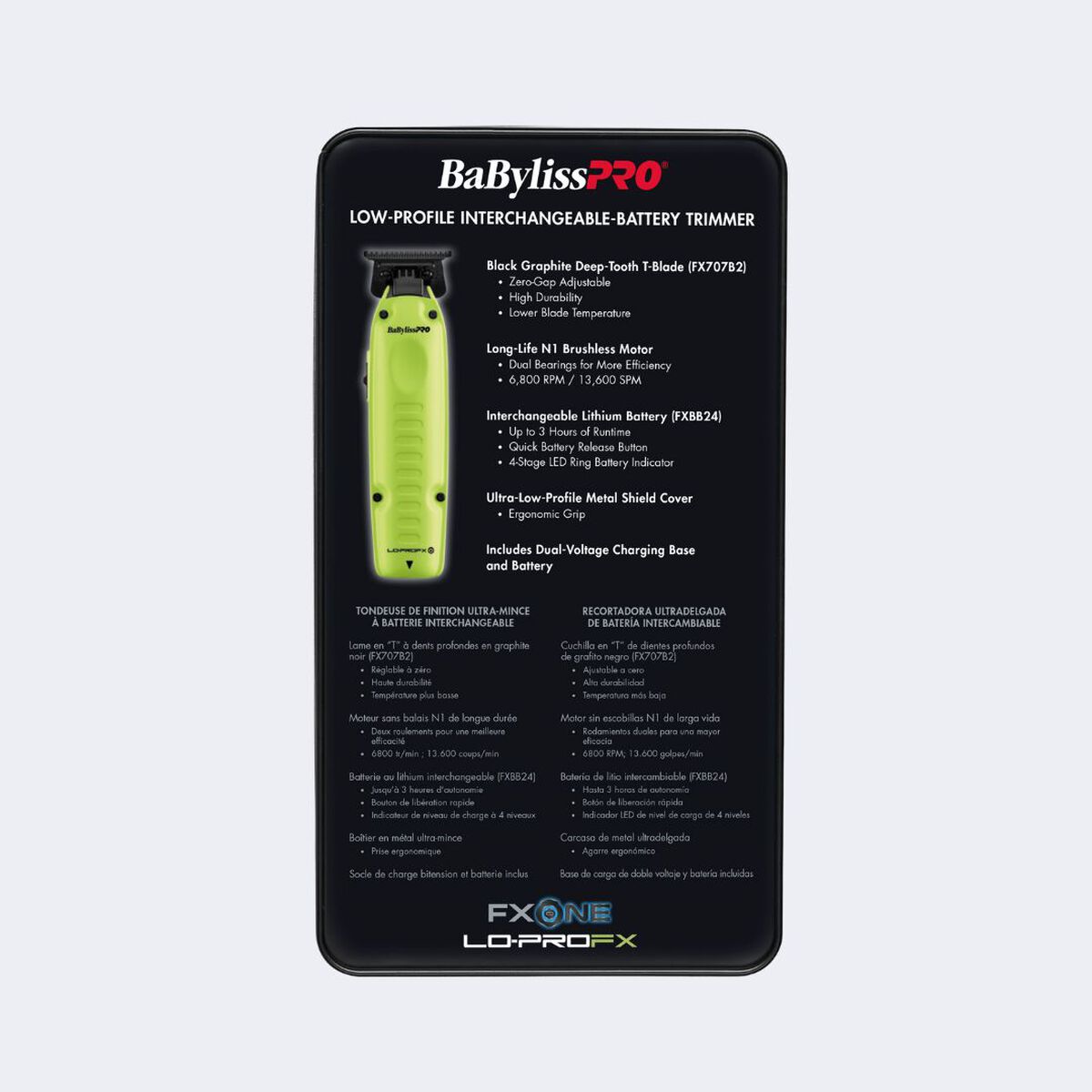 Recortadora FXONE™ Lo-ProFX de BaBylissPRO®, en amarillo neón (edición limitada) (incluye base de carga y batería)