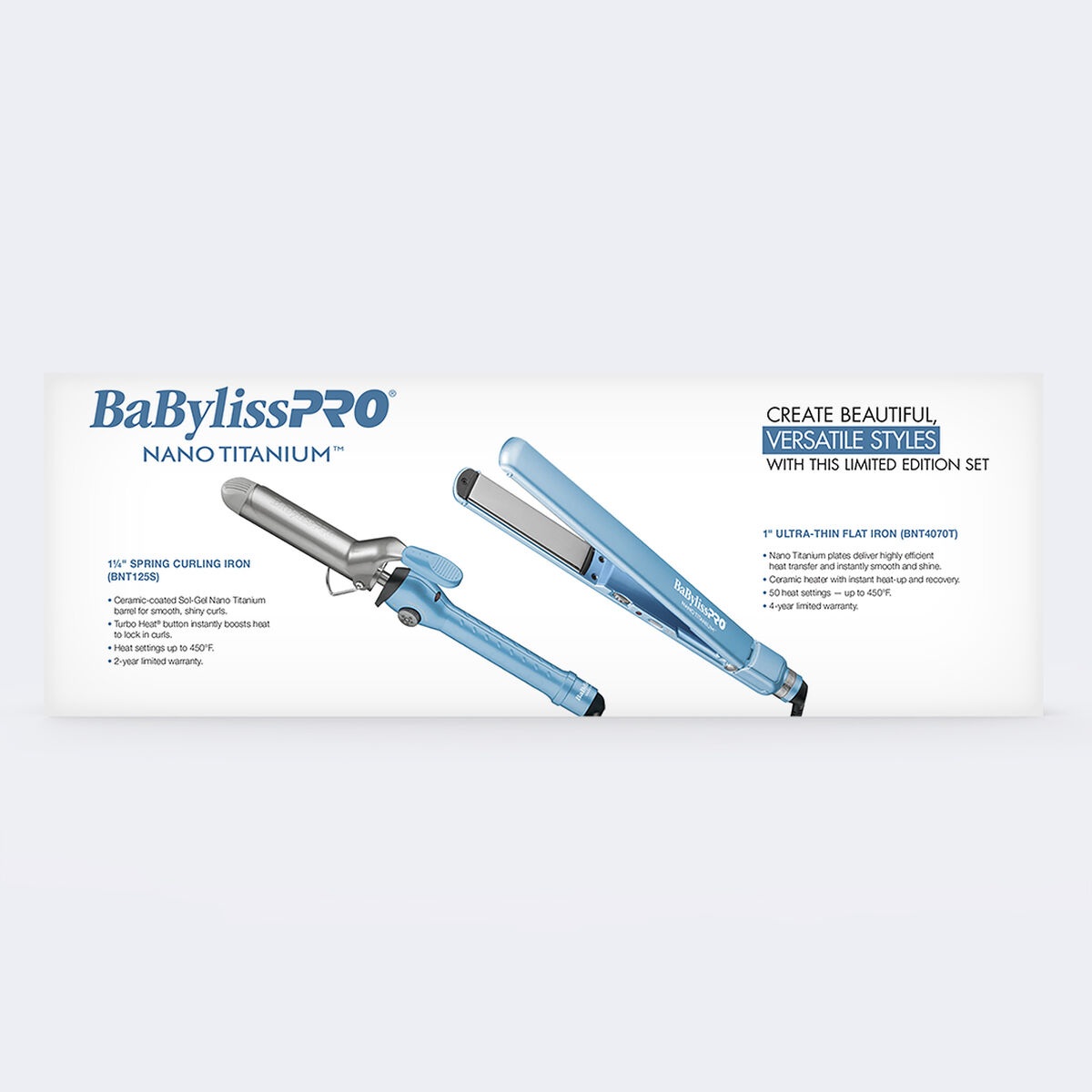 Juego de tenaza de resorte de 1.25 in y plancha alisadora ultradelgada de 1 in BaBylissPRO® Nano Titanium™