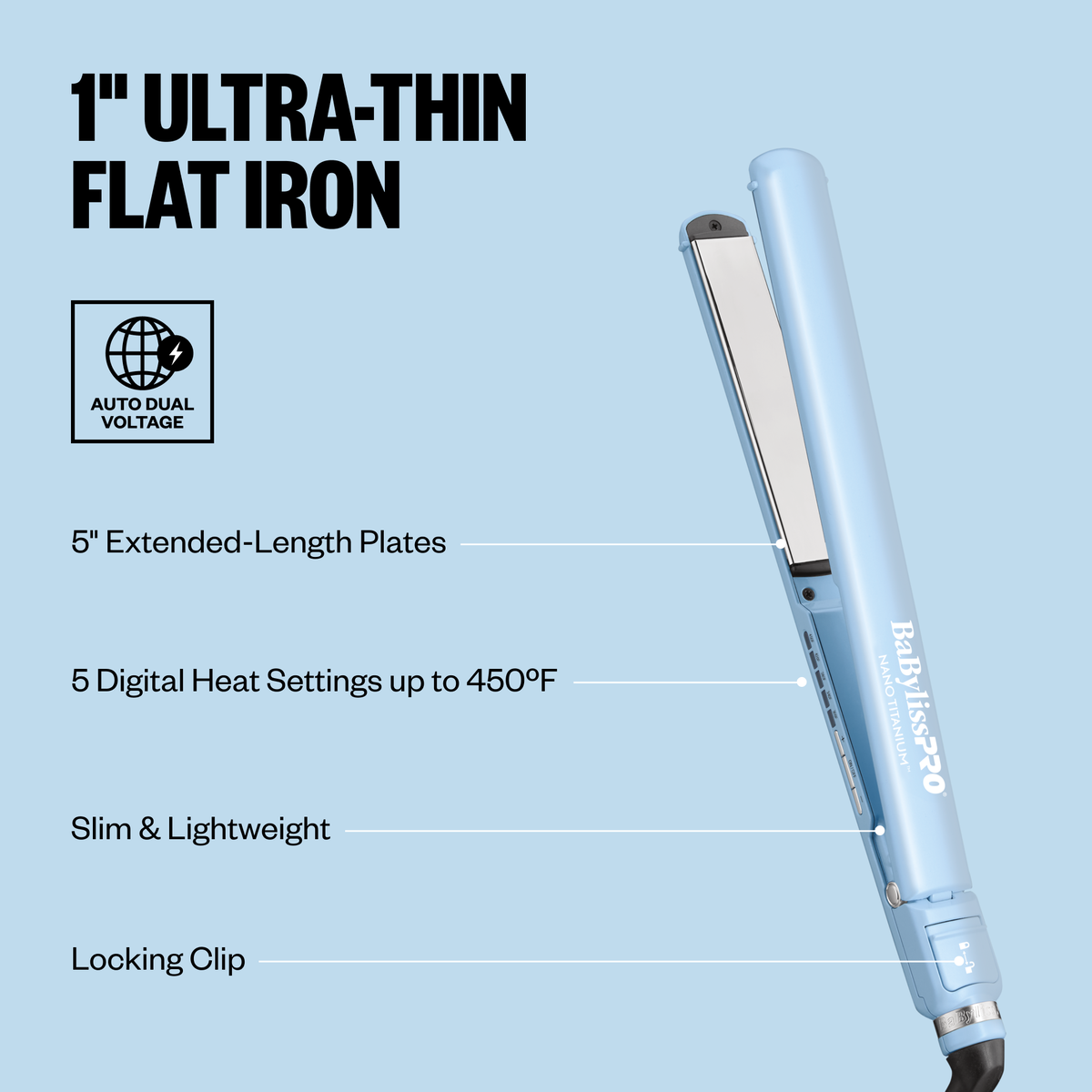 Plancha alisadora ultradelgada digital BaBylissPRO® Nano Titanium™, 1 in, de edición limitada (azul hielo)