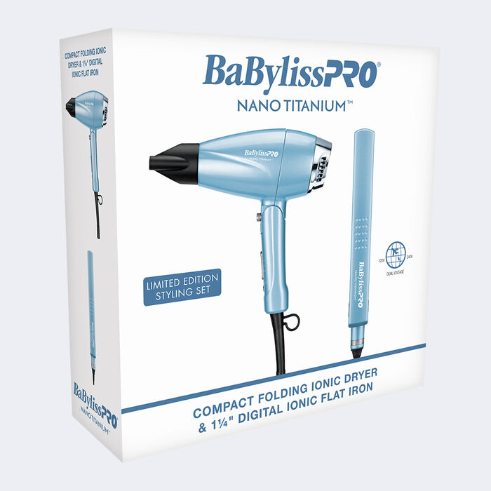 Juego de secador iónico plegable compacto y plancha alisadora iónica digital de 1.25 in BaBylissPRO® Nano Titanium™ - Edición limitada