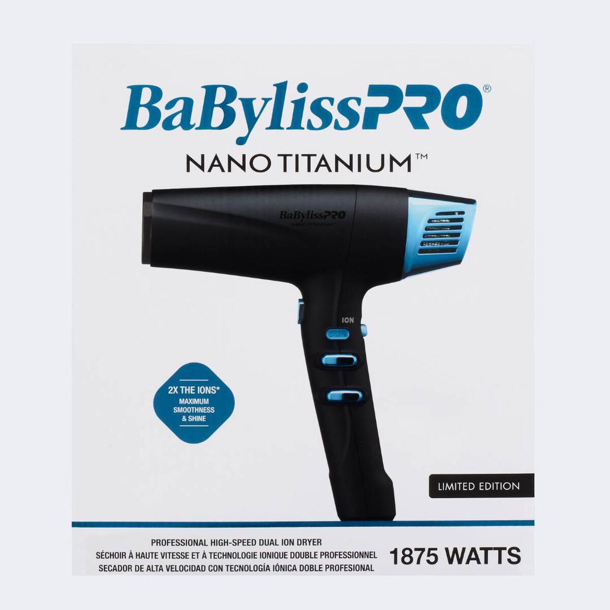 Secador profesional de alta velocidad con tecnología iónica doble BaBylissPRO® Nano Titanium™, negro y azul (edición limitada)
