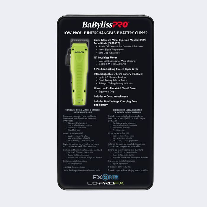 Cortadora FXONE™ Lo-ProFX de BaBylissPRO®, edición limitada, amarillo neón (incluye base de carga y batería)