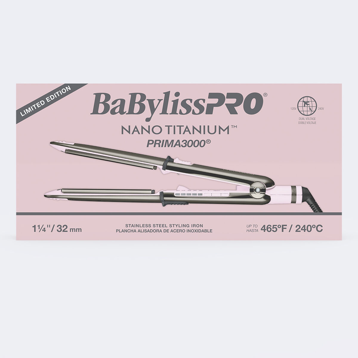 Plancha alisadora de acero inoxidable de ​​​​​​​1.25 in Prima3000 de BaBylissPRO® Nano Titanium™, edición limitada (rosa)