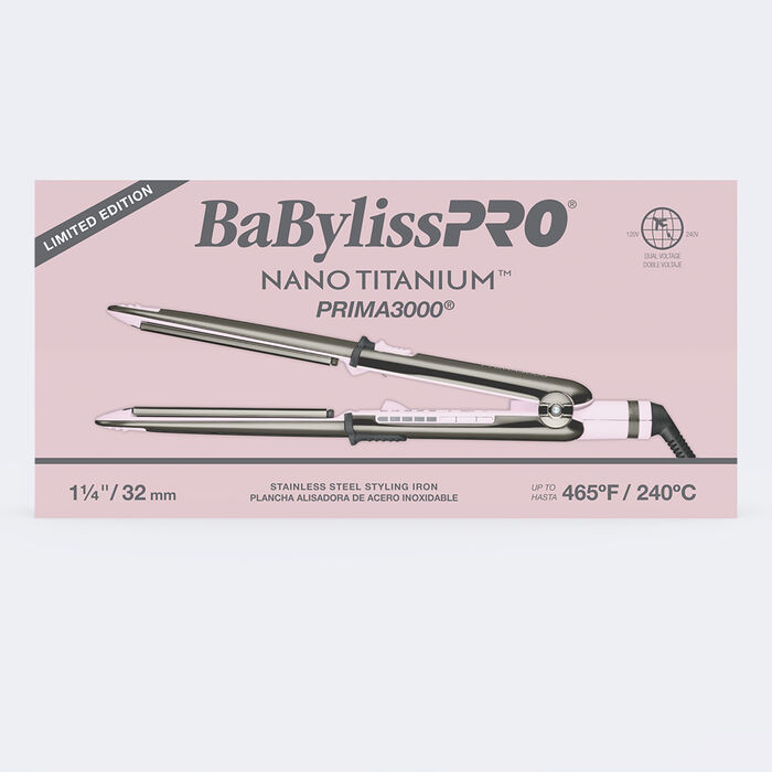 Plancha alisadora de acero inoxidable de ​​​​​​​1.25 in Prima3000 de BaBylissPRO® Nano Titanium™ de edición limitada (rosa)