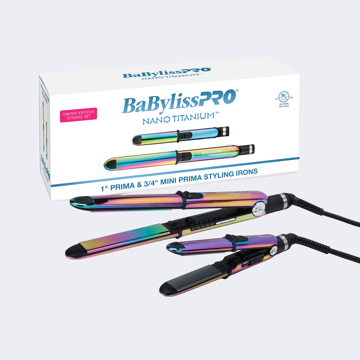 BaBylissPRO&reg; Nano Titanium&trade; Iridescent Prima3100 & Prima2000 Styling Irons Prepack