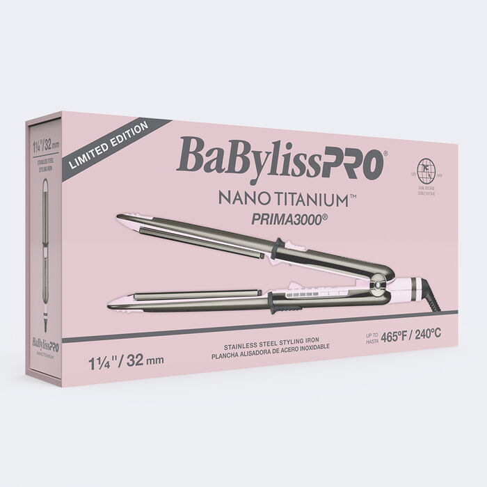 Plancha alisadora de acero inoxidable de ​​​​​​​1.25 in Prima3000 de BaBylissPRO® Nano Titanium™ de edición limitada (rosa)