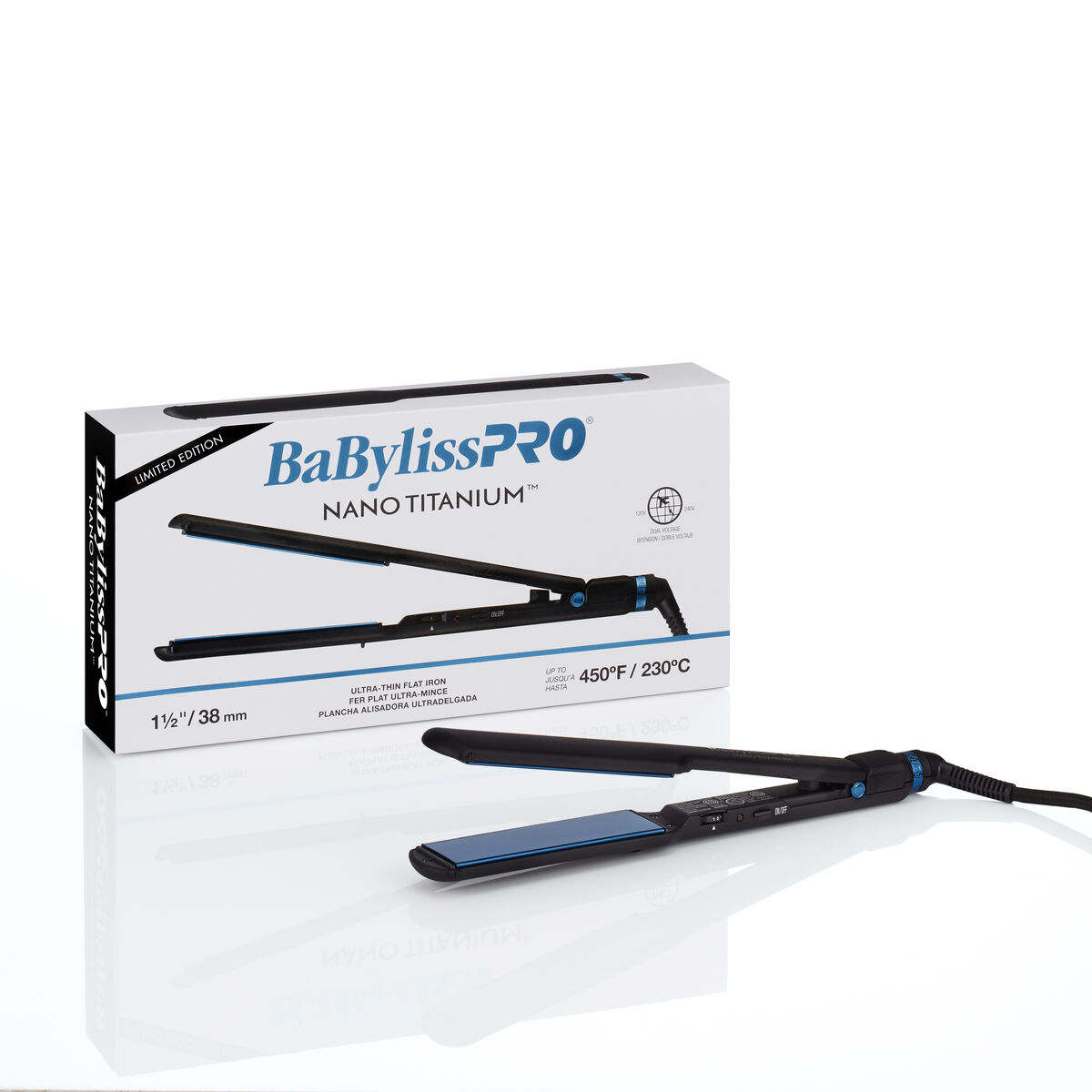 Plancha alisadora ultradelgada de 1½ in BaBylissPRO® Nano Titanium™, en negro y azul (edición limitada)