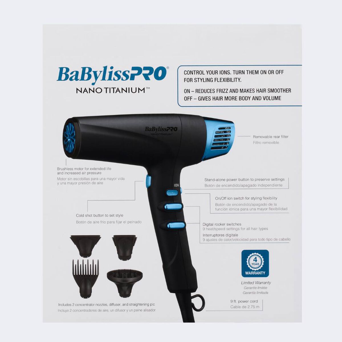 Secador profesional de alta velocidad con tecnología iónica doble BaBylissPRO® Nano Titanium™, negro y azul (edición limitada)