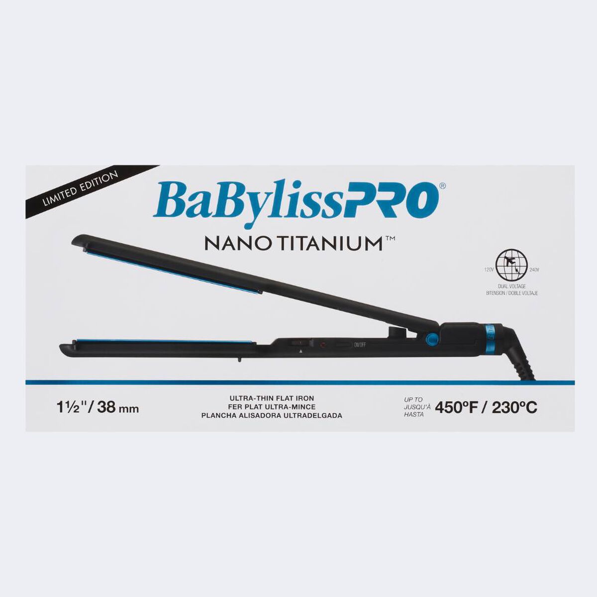 Plancha alisadora ultradelgada de 1½ in BaBylissPRO® Nano Titanium™, en negro y azul (edición limitada)