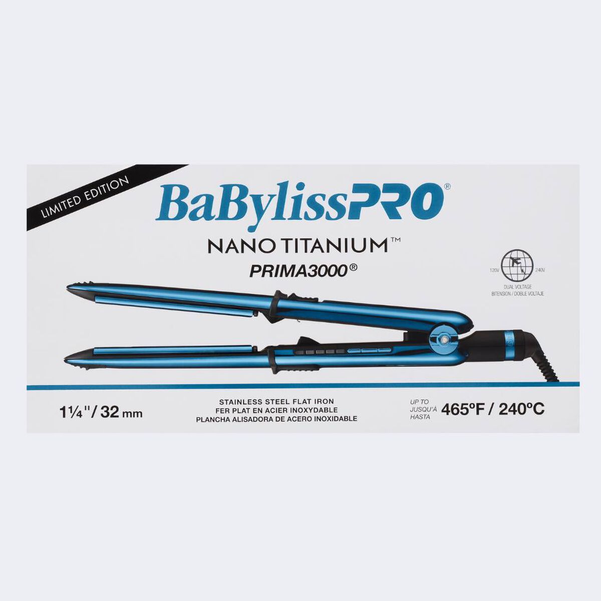 Plancha de 1-1/4 in BaBylissPRO® Nano Titanium™ Prima3000®, en negro y azul (edición limitada)