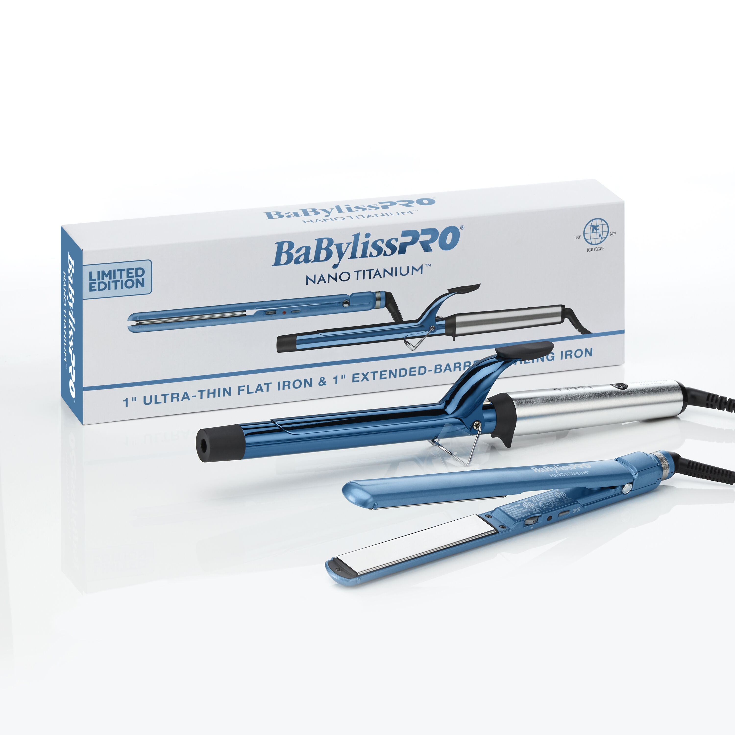 BaBylissPRO Nano Titanium 1 Extended Barrel Curling Iron 1 Ultra Thin Flat Iron Prepack
