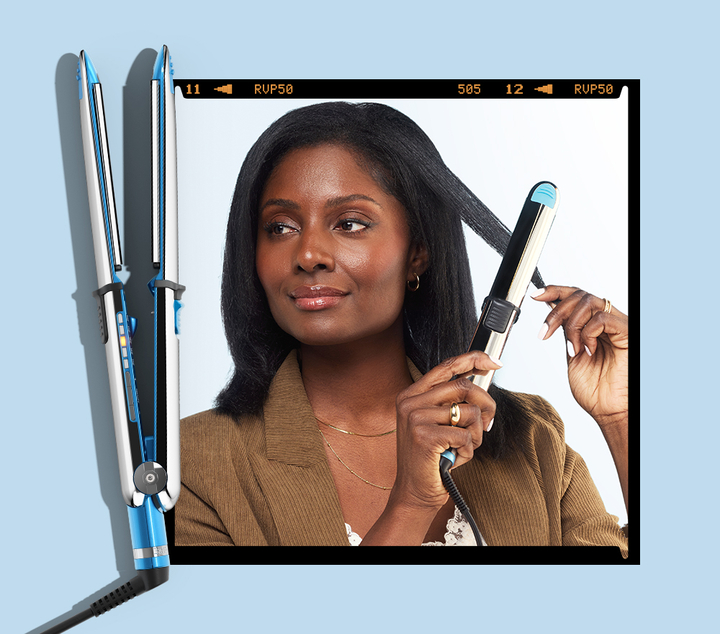Female model styling hair with flat iron, with straightener shown open on light blue background