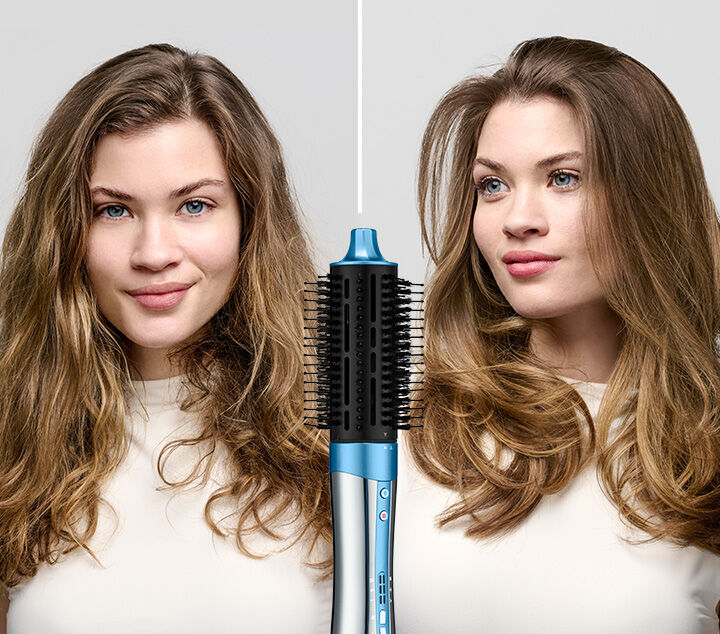 Mujer con cabello castaño antes y después de dar volumen a su cabello