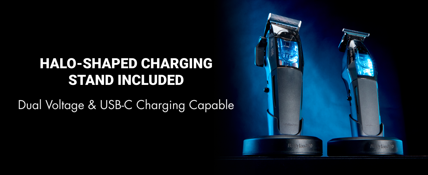 base de carga con forma de halo incluido, con doble voltaje y capacidad de carga USB-C
