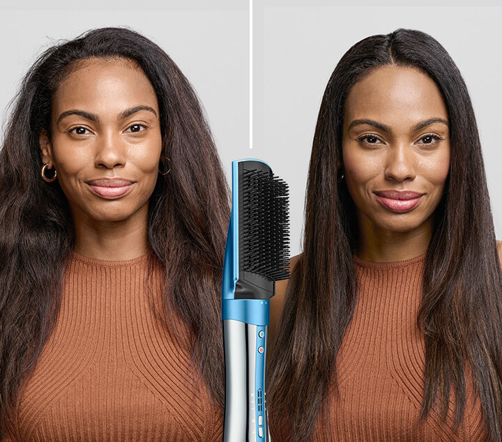 Mujer afroamericana antes y después de desenredar su cabello