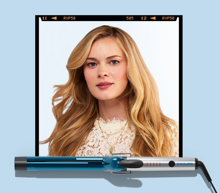 Female model with long, softly waved hair with a curling iron displayed below