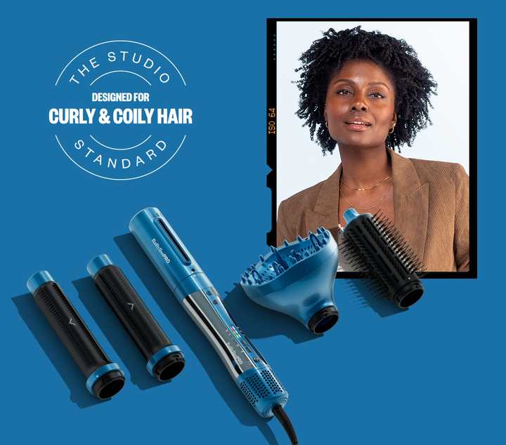 Style switch curly & coily hair kit with interchangeable brush attachments shown alongside styled hair result.