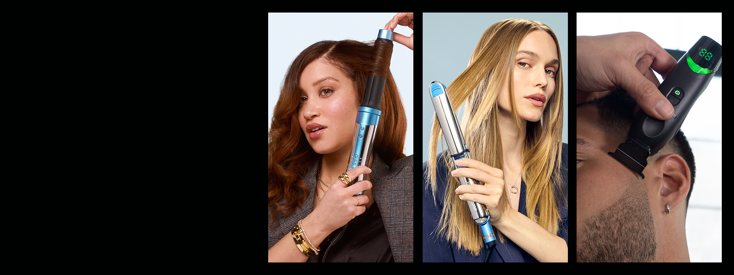 grupo de diferentes personas utilizando el style switch de babylisspro para rizar el cabello, una plancha estilizadora para alisar el cabello y una recortadora de barbero para cortar el cabello.